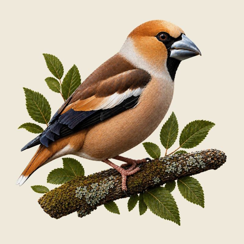 Hawfinch on mossy branch – true-to-life Illust