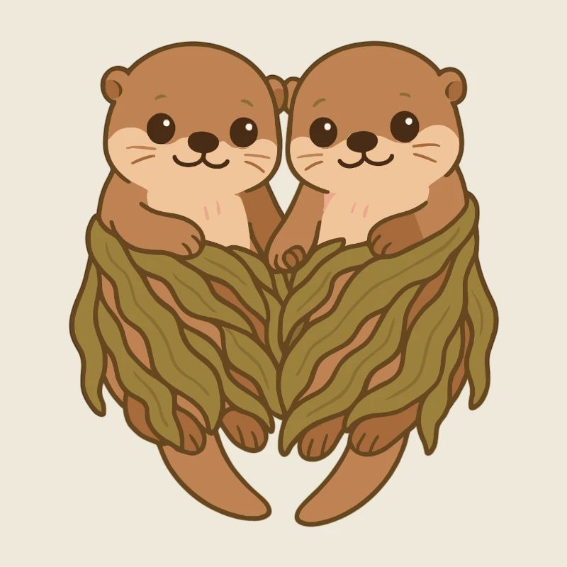 Couple de loutres de mer mignonne en couverture d’algues