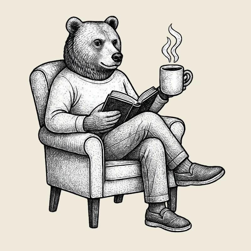 Bärenleser mit Buch und Tasse