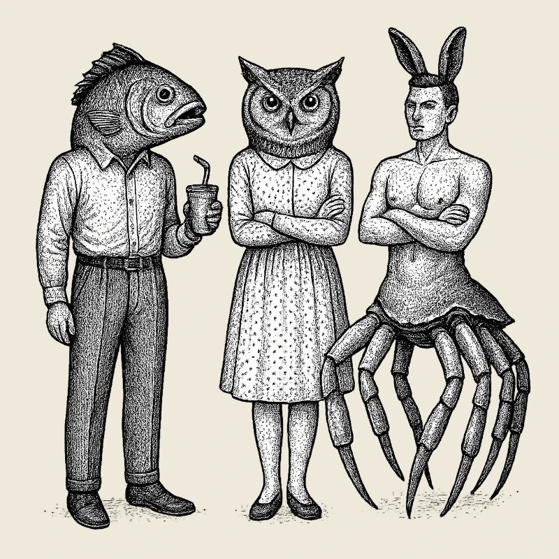 Anthro-Trio: Fisch-Eulen-Hase