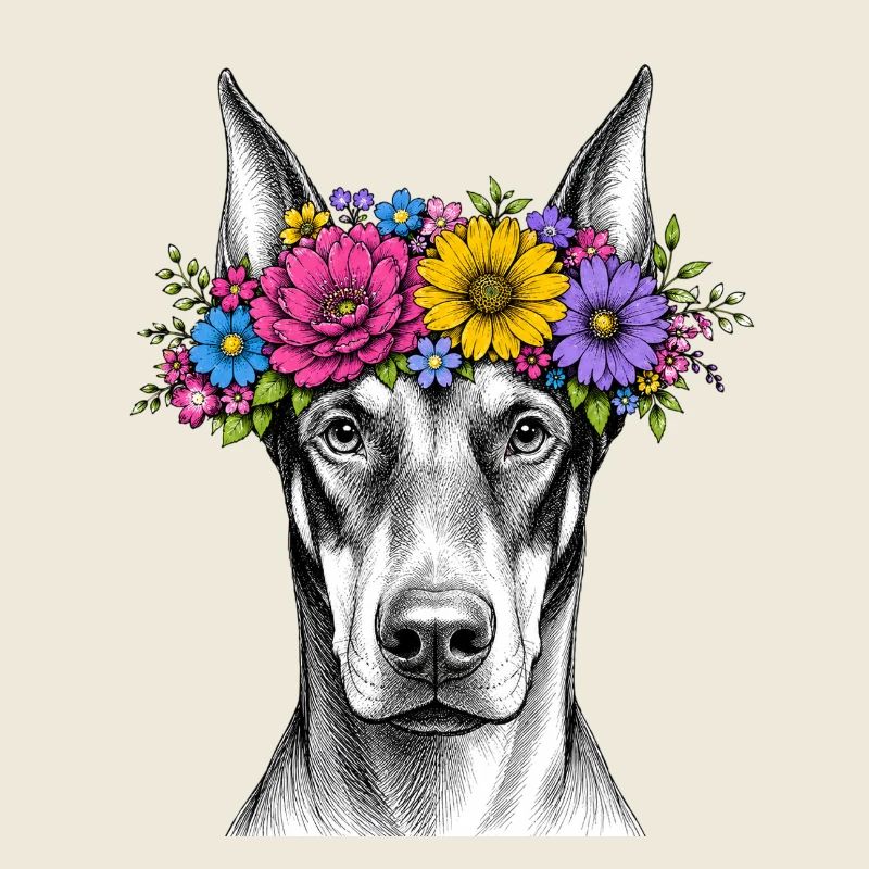 Chien avec une couronne de fleurs