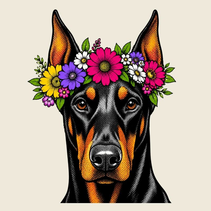 Portrait du Doberman en couronne de fleurs