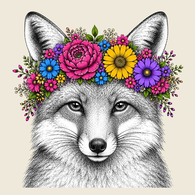 Tête de renard avec couronne de fleurs