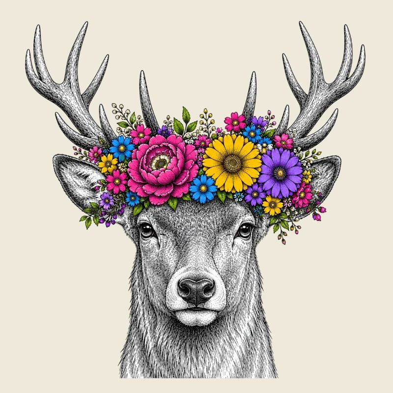 Floral Wreath Deer Portrait