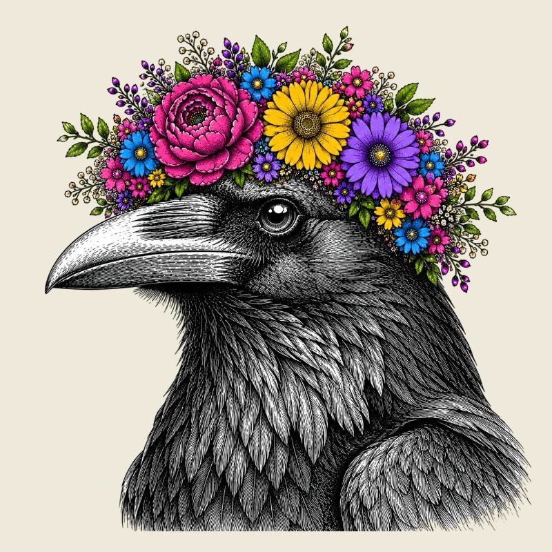 Tête de corbeau avec couronne de fleurs
