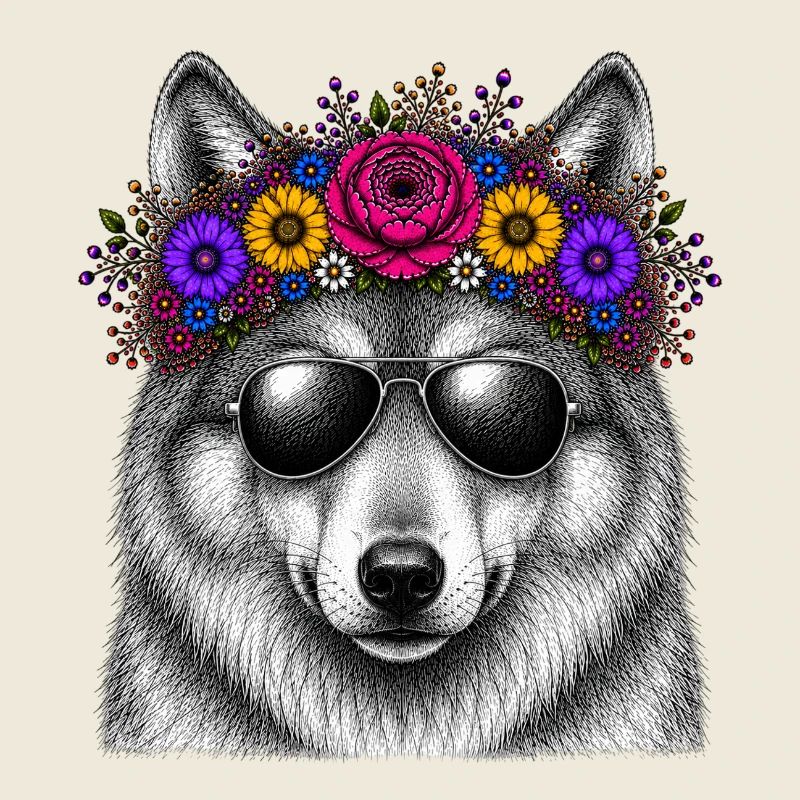 Wolf mit Blütenkranz und Sonnenbrille