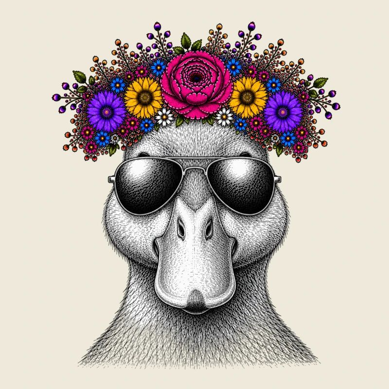 Ente mit Blumenkrone und Sonnenbrille