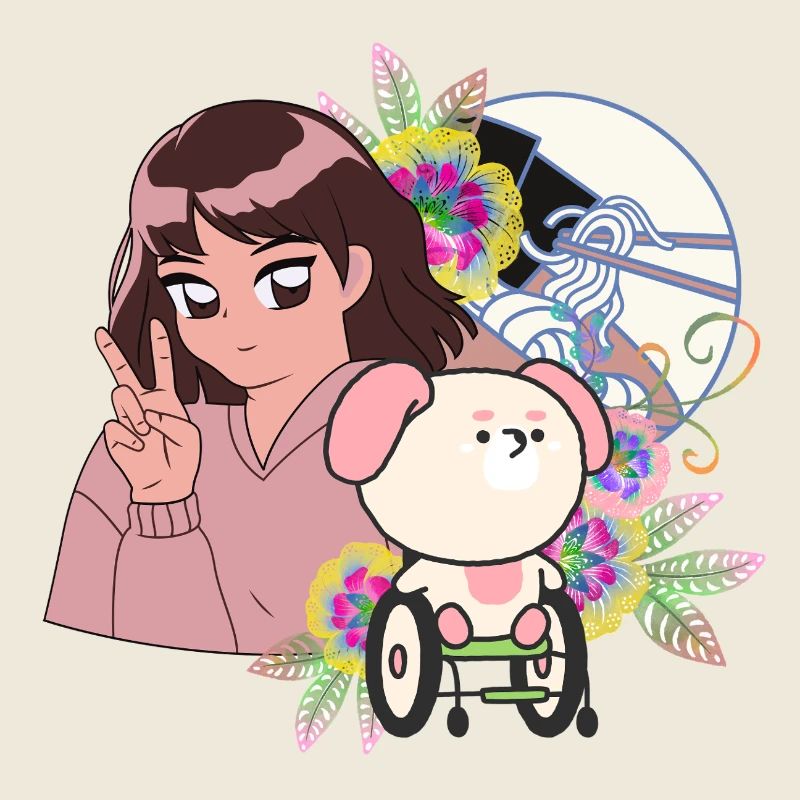 Anime-Mädchen Frieden und Hund im Rollstuhl Kunst
