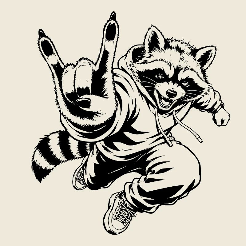 Rockender Waschbär mit Pommesgabel