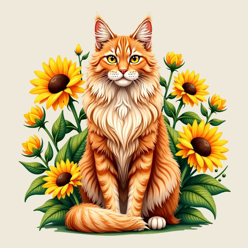 Cute Orange Fluffy Cat and Sunflowers Summer Art