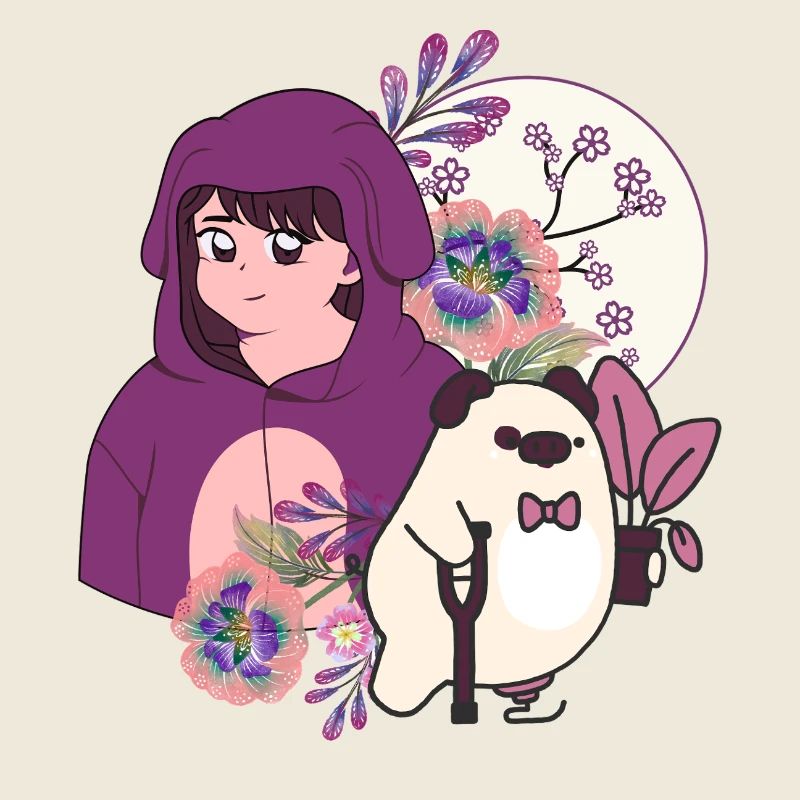 Fille d’anime et cochon avec prothèses et béquilles artistiques