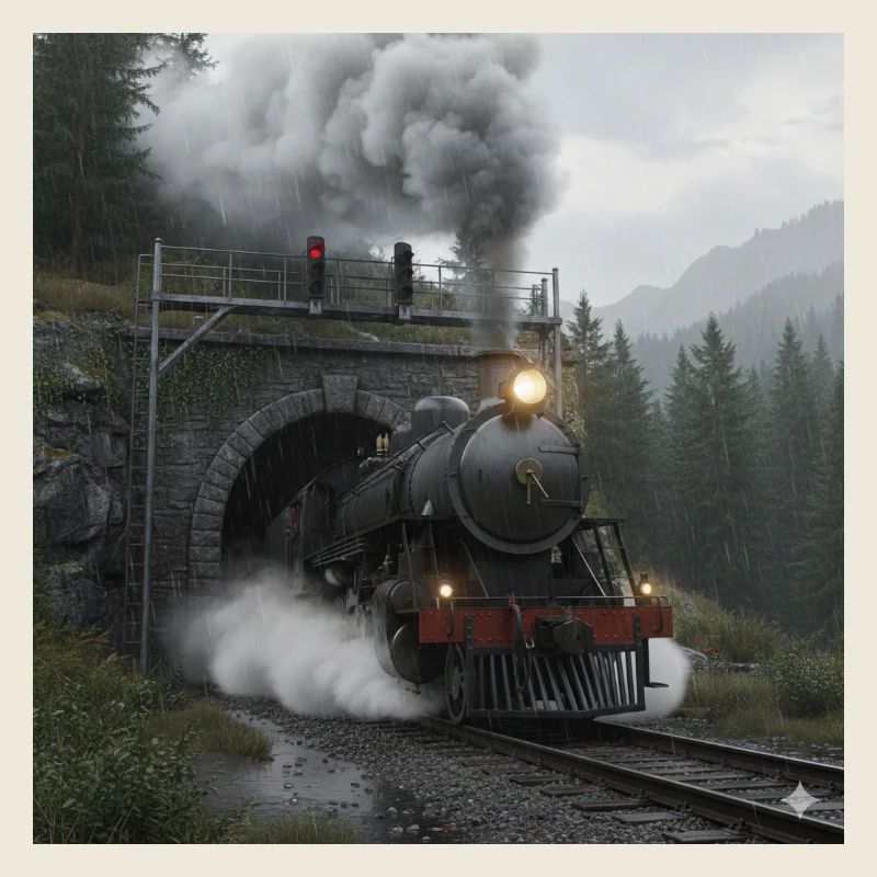 Dampfzug durch den Wald am Tunnel