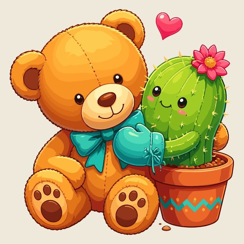 Ours câlin et cactus à fleurs