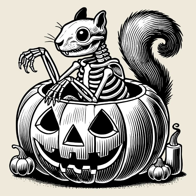 Skeleton squirrel motif in a pumpkin
