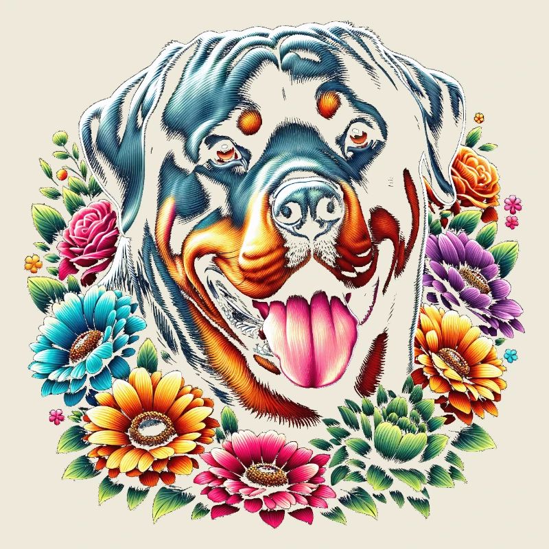 Rottweiler mignon avec des fleurs colorées
