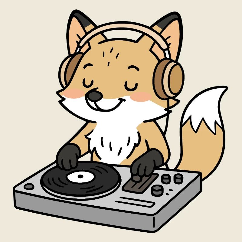 A fox as a DJ with headphones at the mixing desk