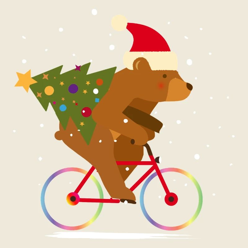 Ours avec chapeau de Père Noël à vélo à Noël