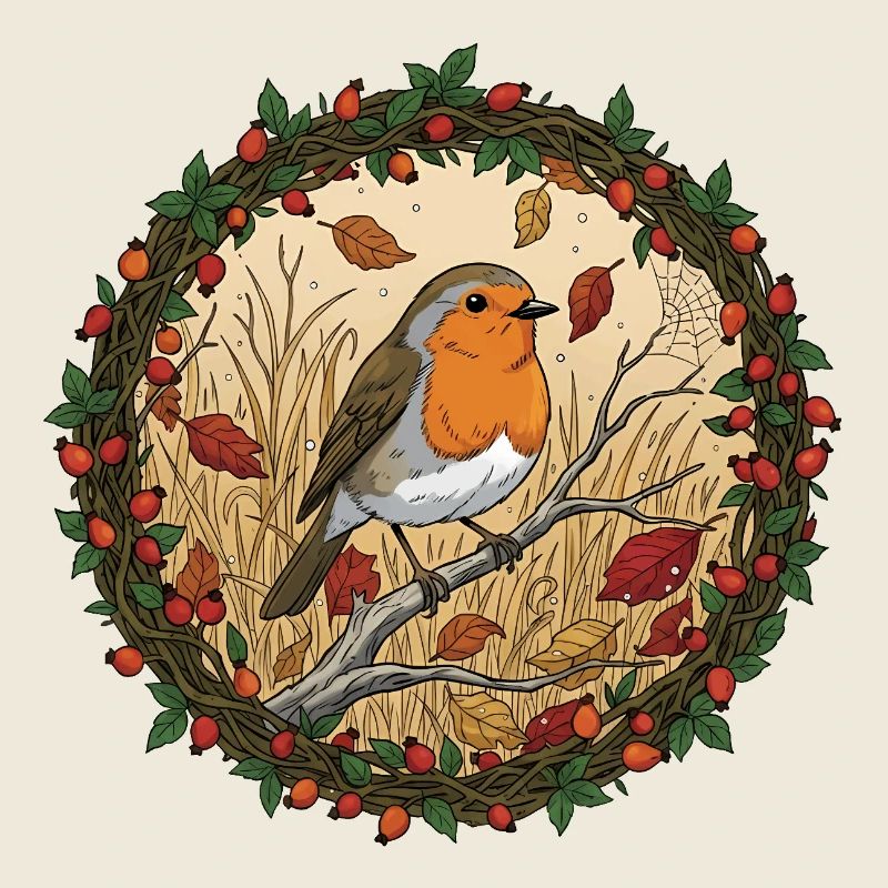 Rouge-gorge d’automne dans une couronne