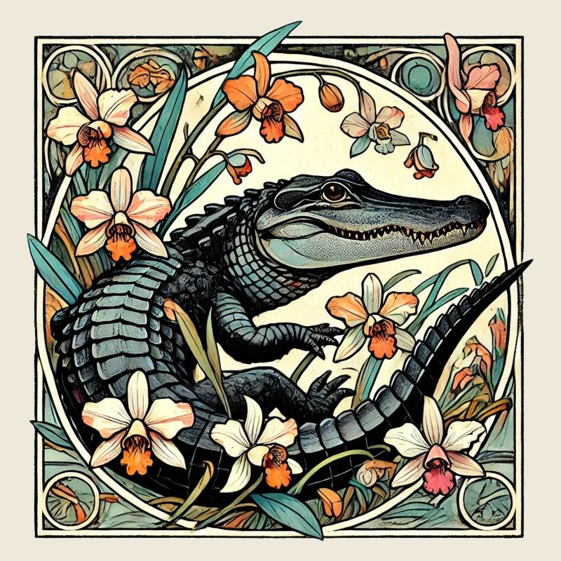 Crocodile dans un cercle floral