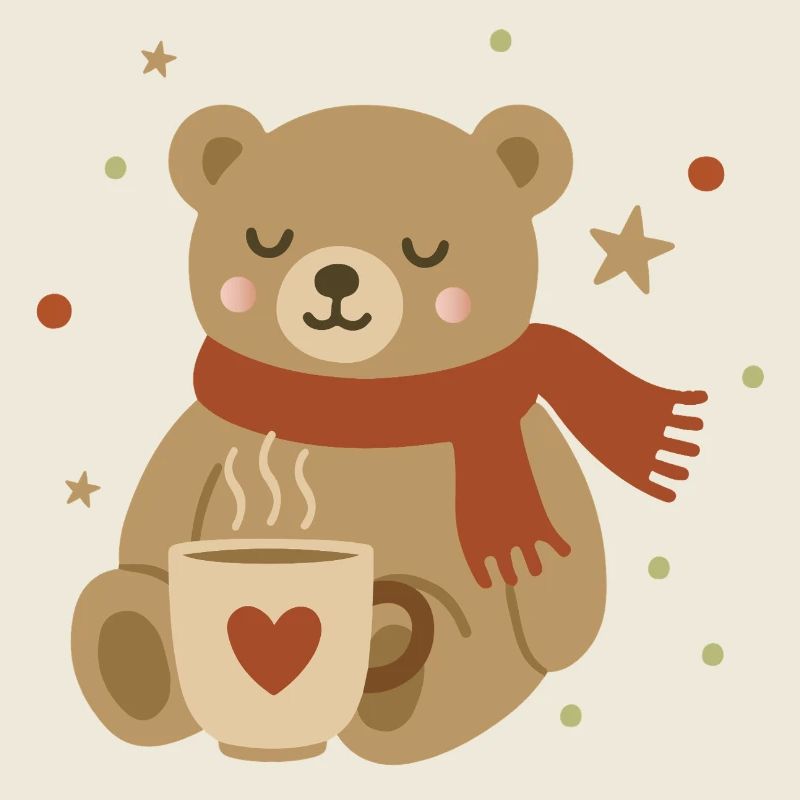 Petit ours mignon avec écharpe et tasse chaude