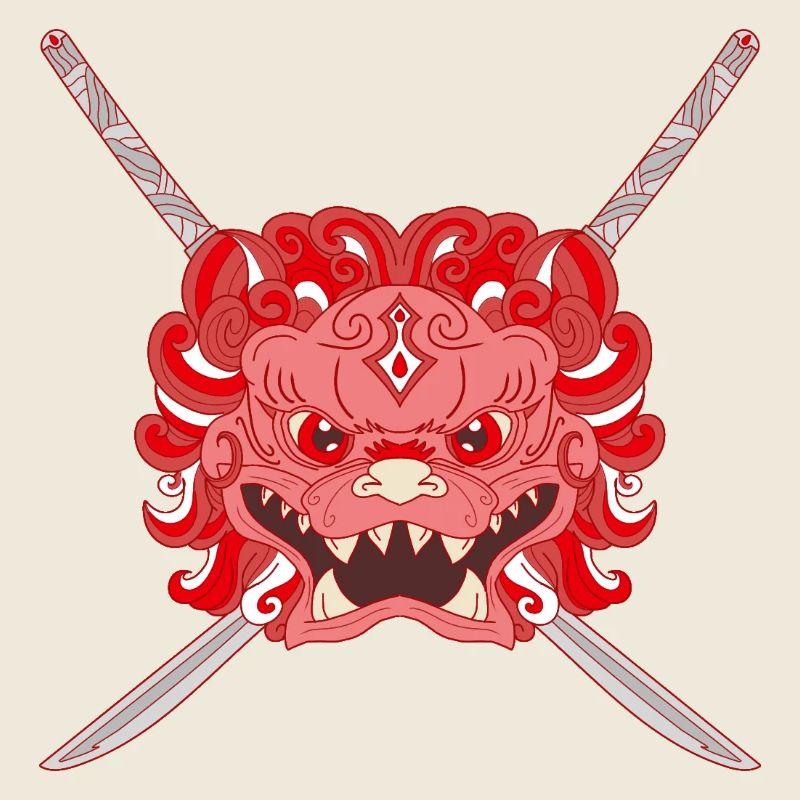 Lion chinois rouge et katanas croisés