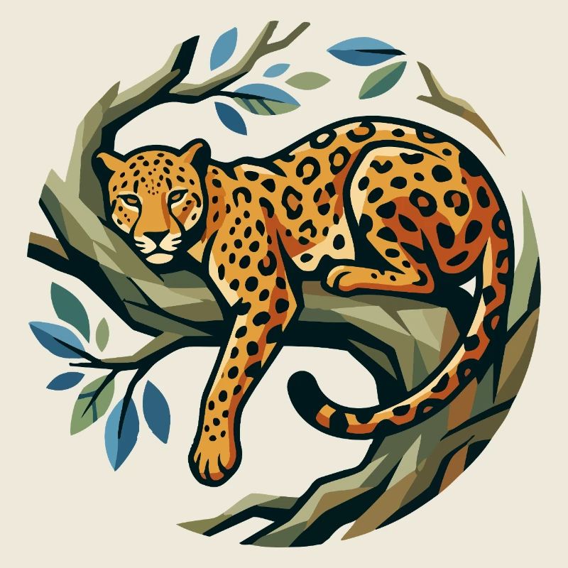 Léopard dans une couronne d’arbres posée sur une branche à motif léopard