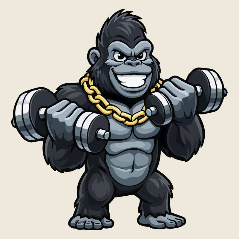 Gorilla strength trainer in cartoon style