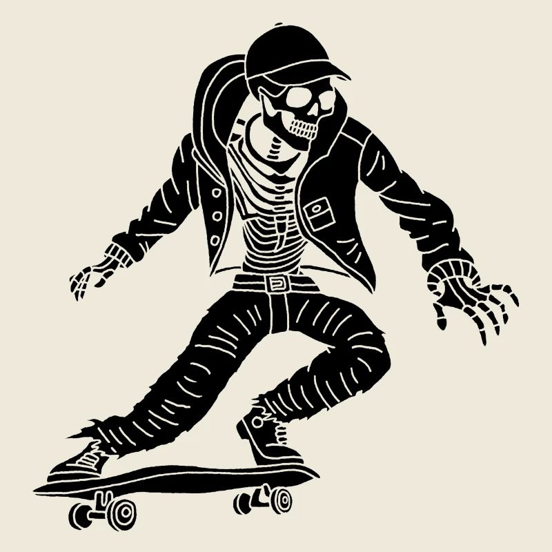 Schwarzes Skelett auf Skateboard