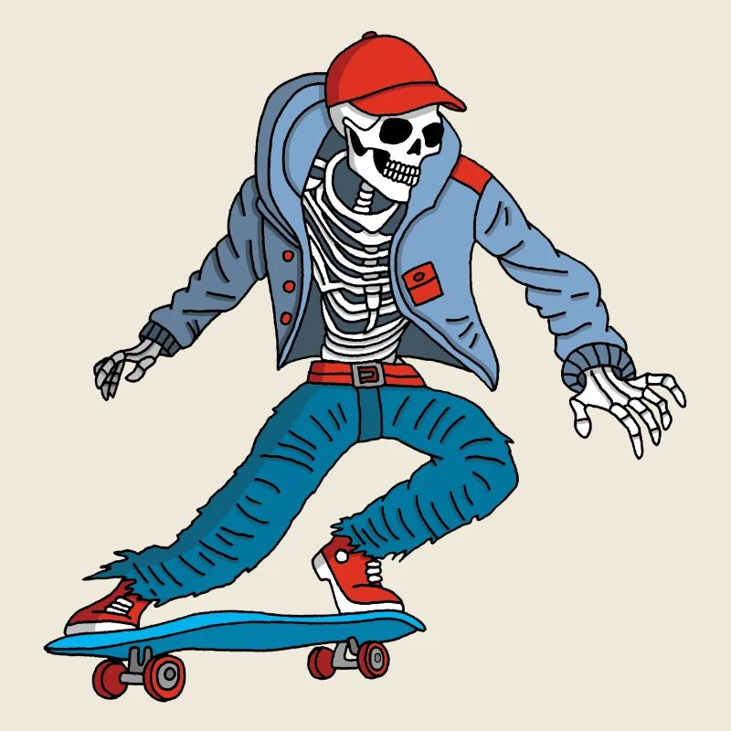 Skelett auf einem Skateboard