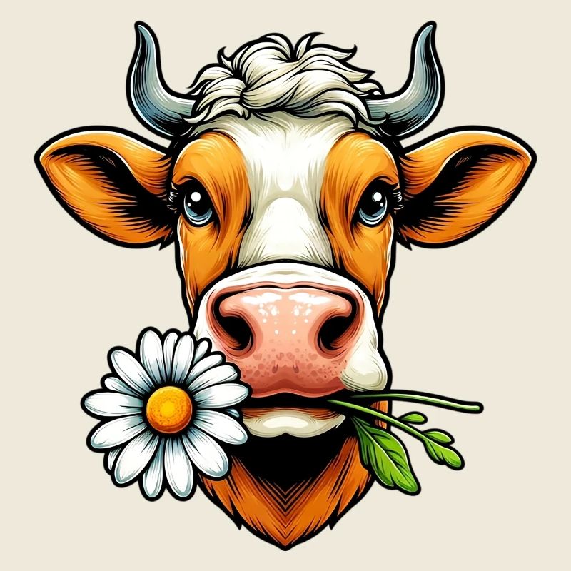 Kuh mit einer Gänseblümchenblume im Maul Blumen