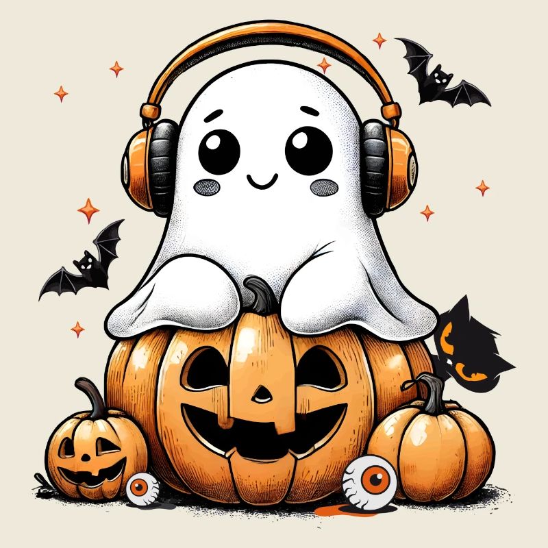 fantôme cool avec des écouteurs et une citrouille d’Halloween