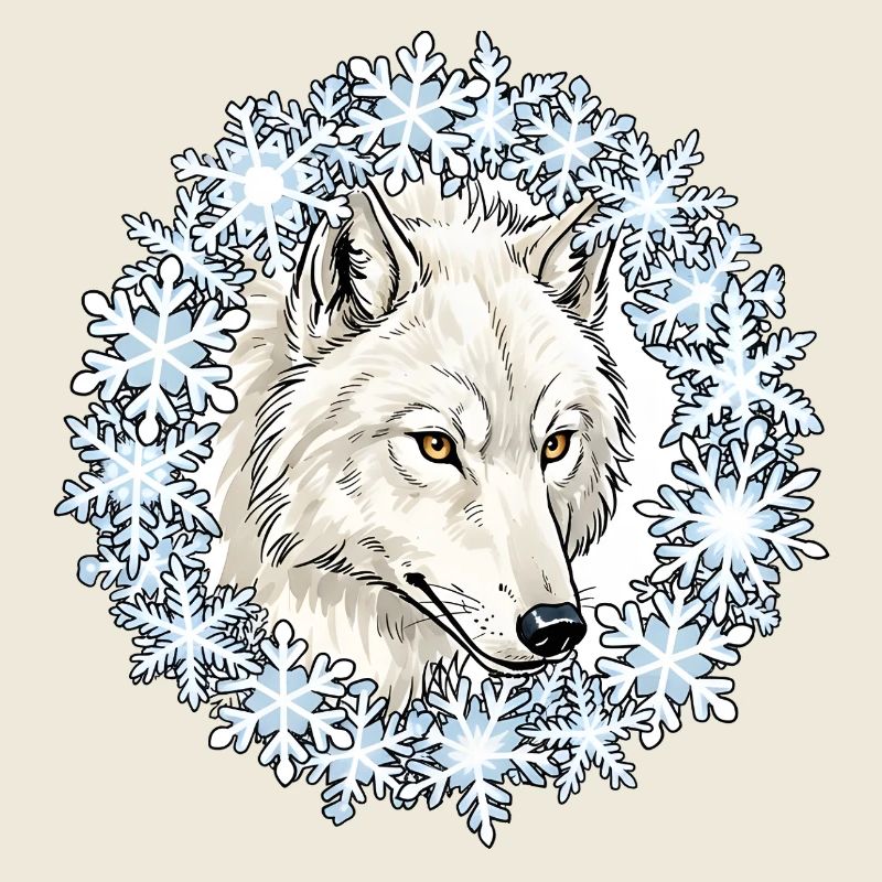 Loup d’hiver dans un cercle de flocons de neige