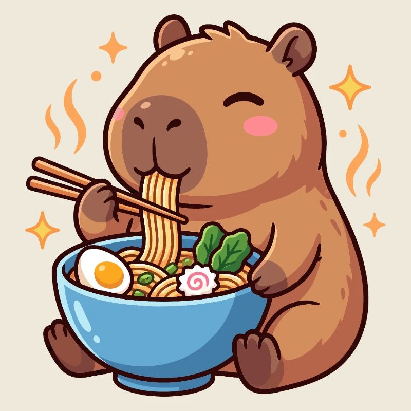 Kawaii Capybara mangeant un bol de ramen japonais