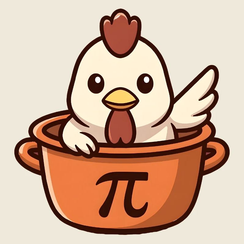 Un poulet mignon dans la casserole avec le symbole Pi : plaisir