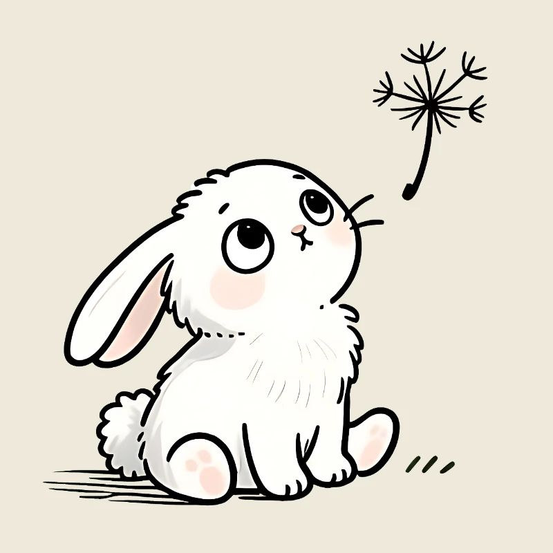Weißer Hase mit verträumten Augen und Löwenzahn