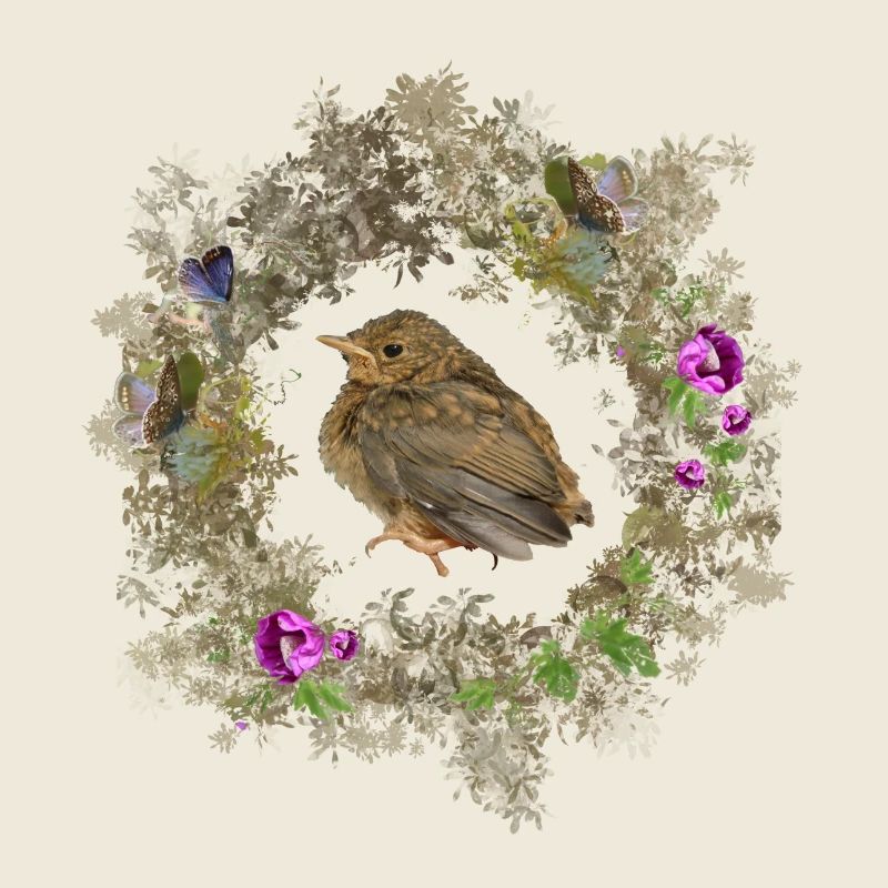 Rotkehlchen mit zarten Blüten und Bläulingen