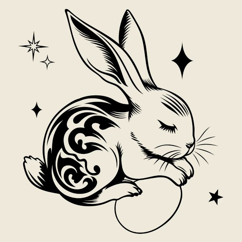 Lapin de Pâques endormi avec tribal et œufs