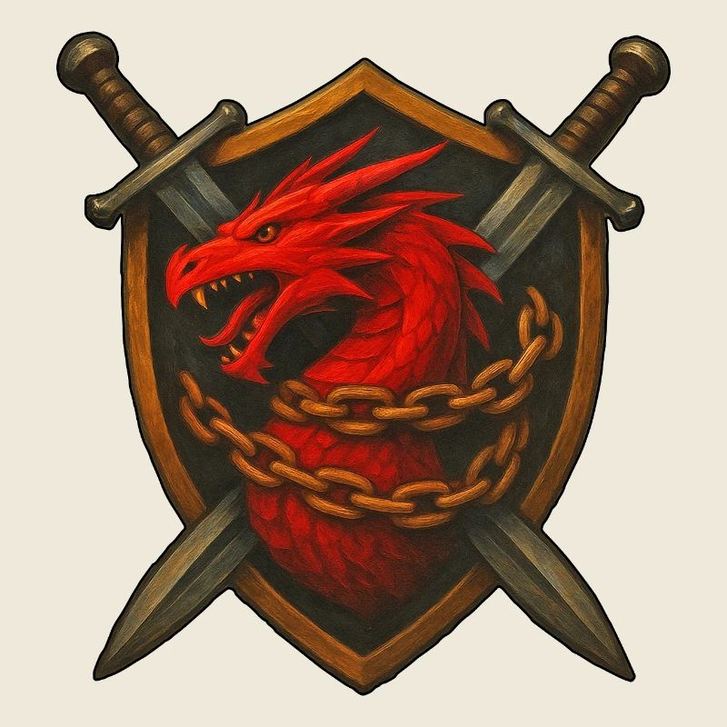 Roter Drache auf Schild mit Ketten