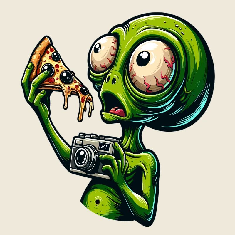Alien mit Pizza und Kamera
