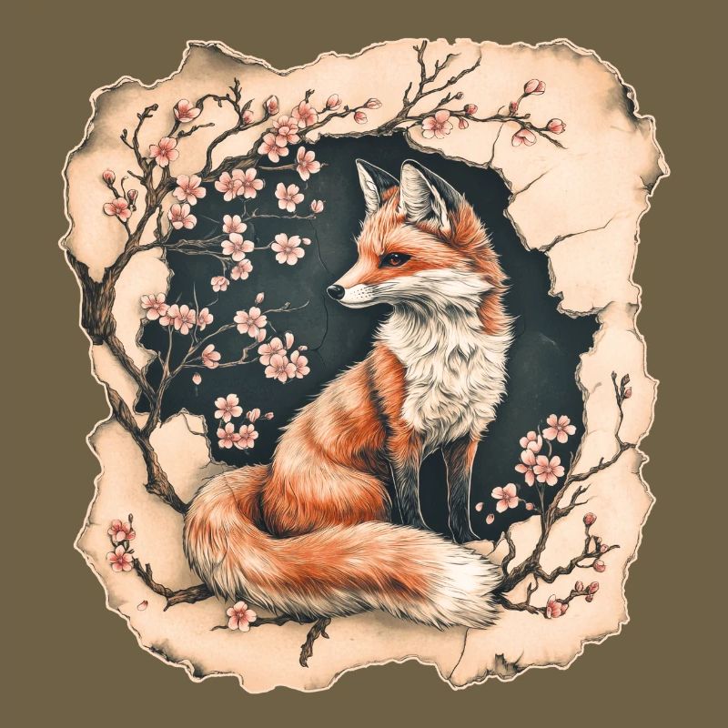 Fuchs mit Kirschblüten