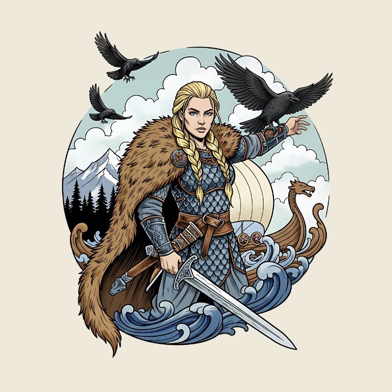 Femme viking armée d’une épée dans la tempête
