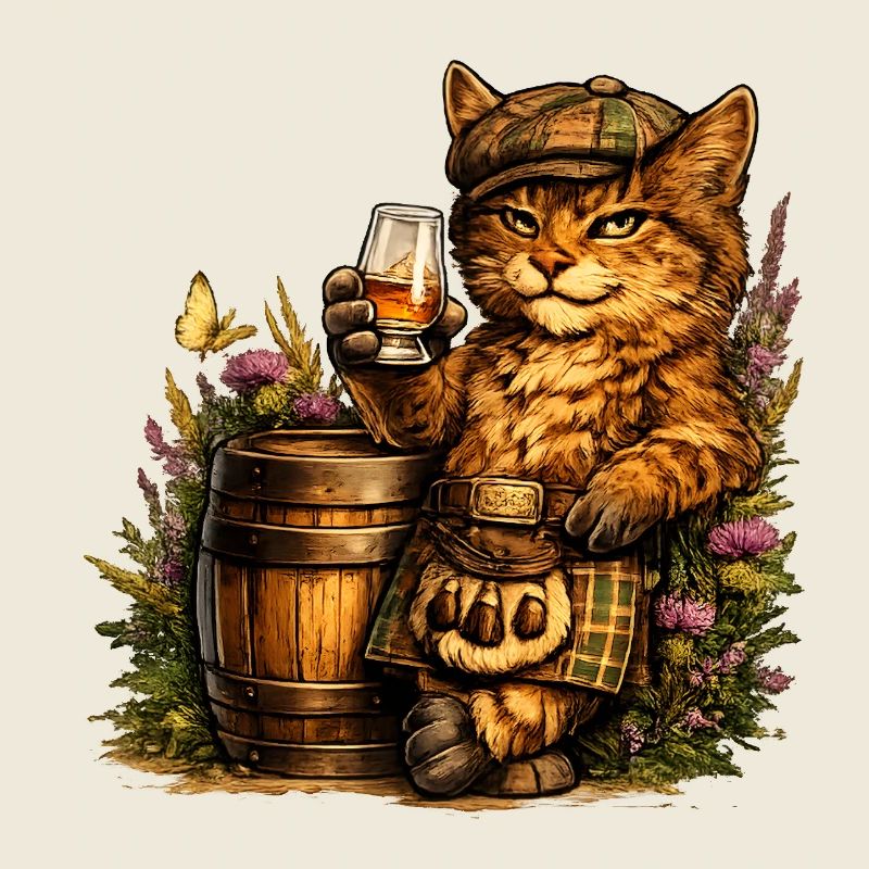 Chat sauvage écossais avec fût de whisky