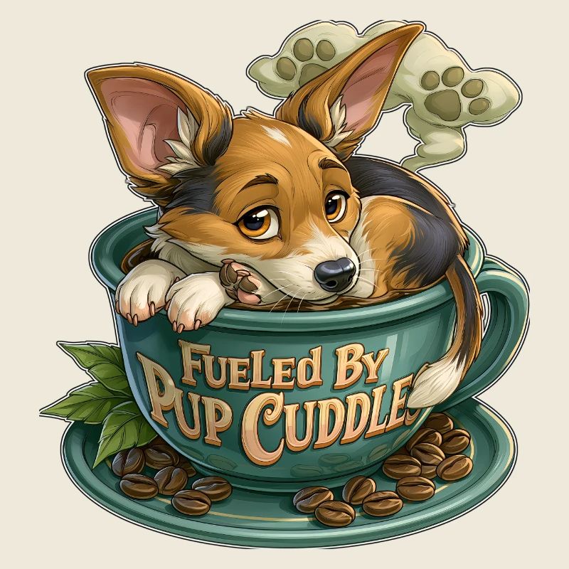 Welpe kuschelt in Kaffeetasse