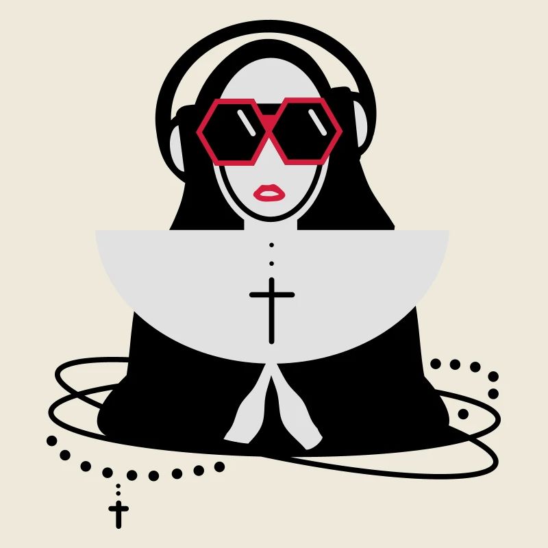 Nonne mit Sonnenbrille und Kopfhörer