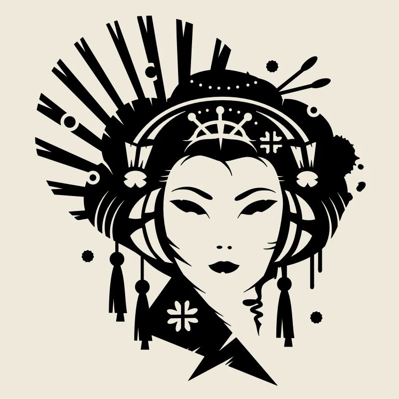 Ein japanisches Mädchen als Geisha mit Kopfhörer