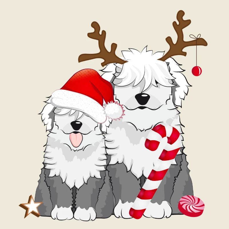 two cute bobtail dogs celebrate Christmas