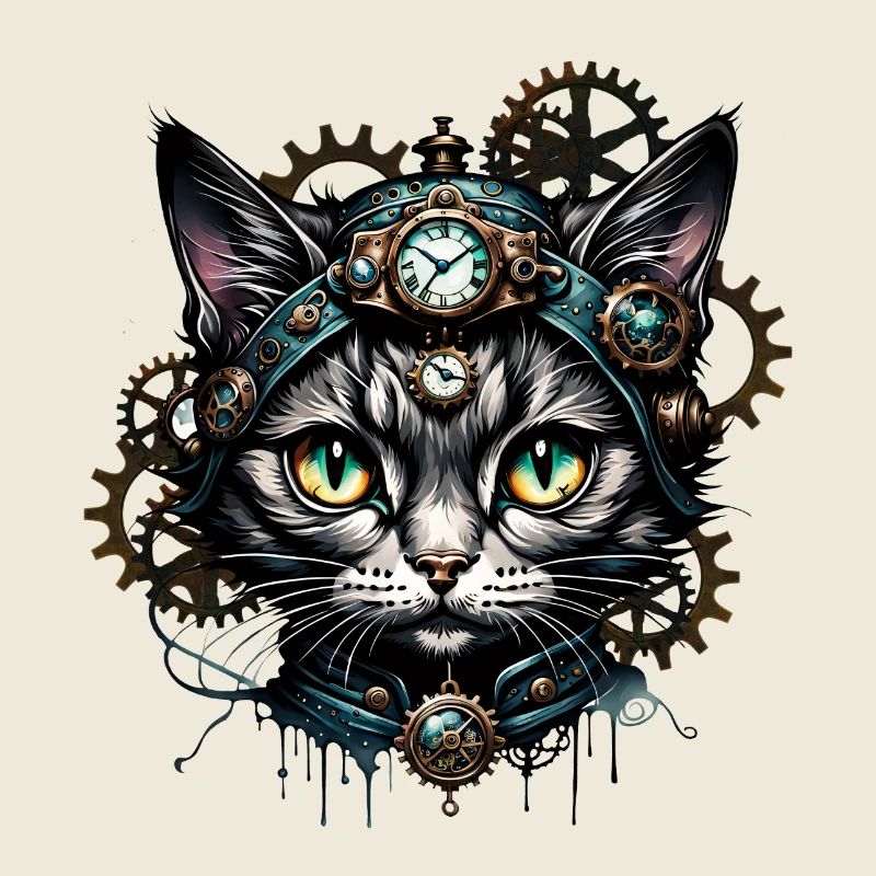 Mignon chat steampunk avec des horloges et des engrenages.