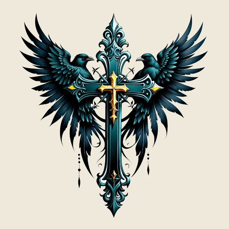 Croix gothique avec des éléments décoratifs et des oiseaux.