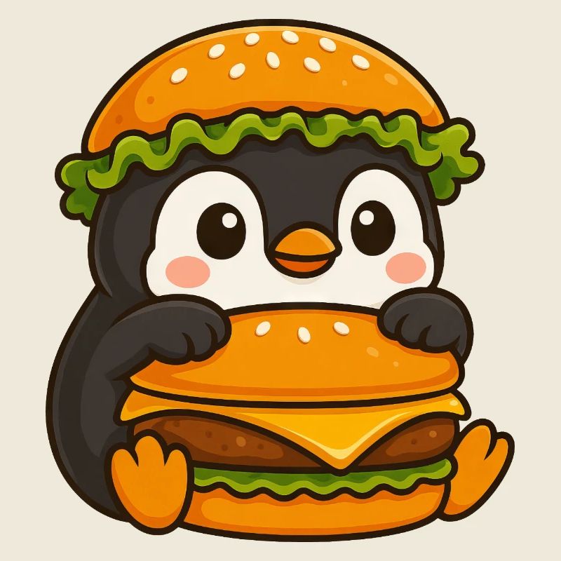 Cute Penguin with Hamburger Cheeseburger Fast