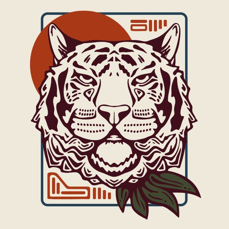 Tigerkopf mit roter Sonne Geometrische Tierkunst